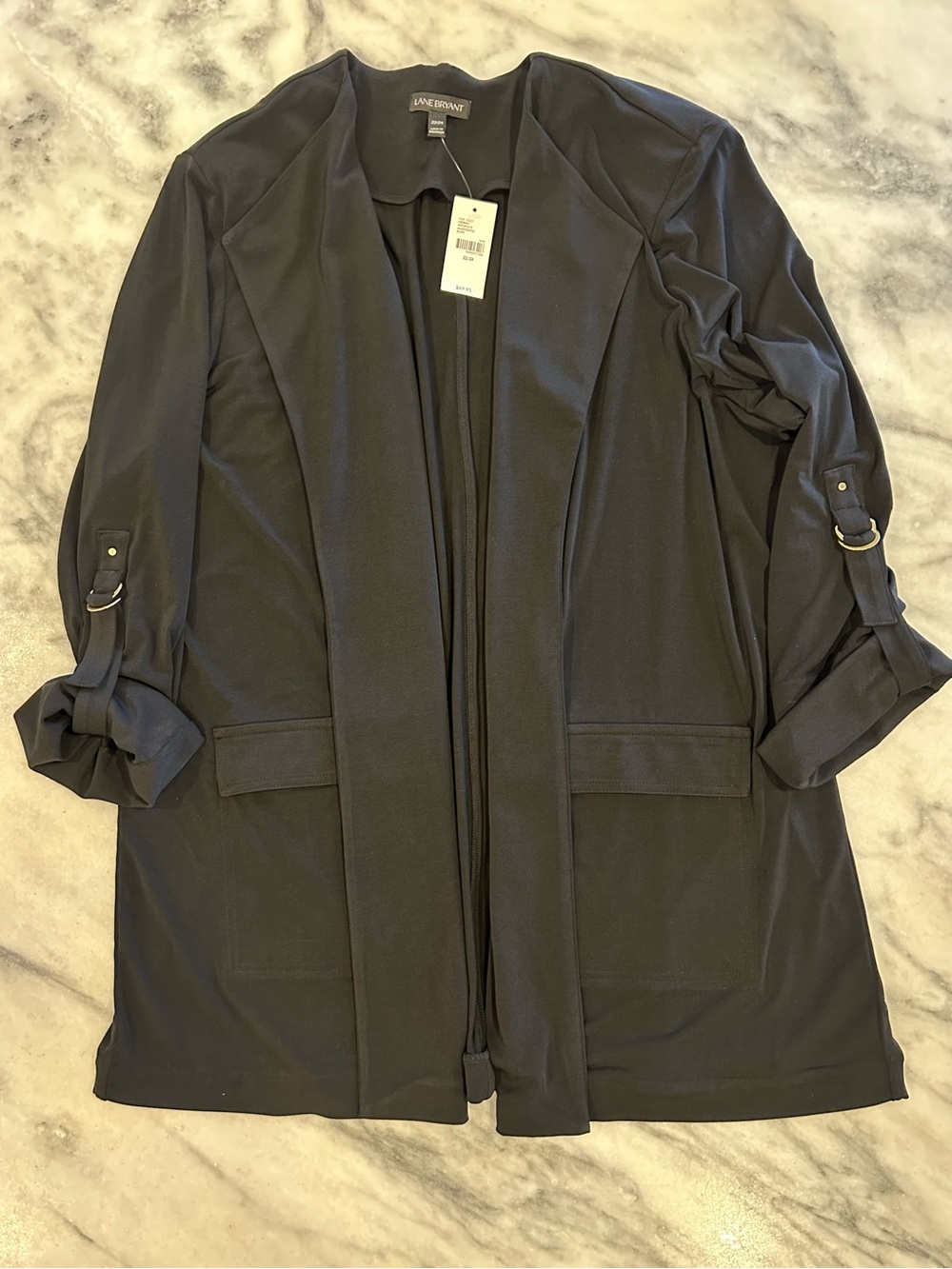 NWT Lane Bryant Open Front Duster Blazer Roll Tab Sleeves Black Career 22/24